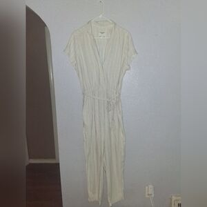 Abercrombie & Fitch Linen Blend Cream And White Striped Utility Jumpsuit XL